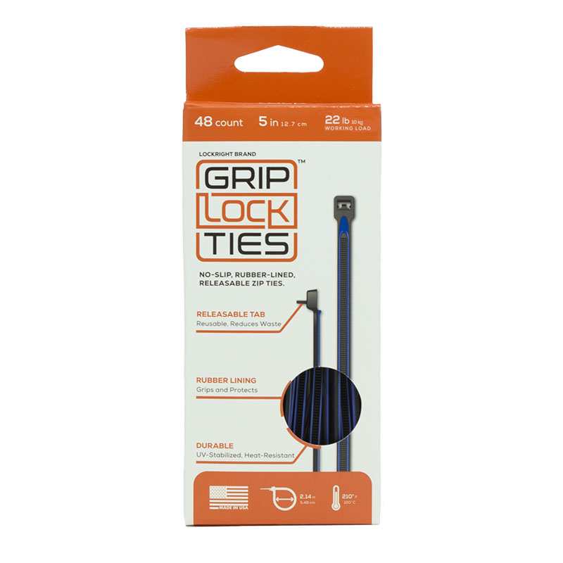 GripLockTies - Releasable 8" Black Nylon - Blue Rubber - Box Of 48