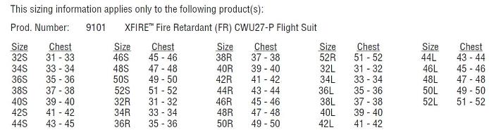 Flight Suit Size Chart