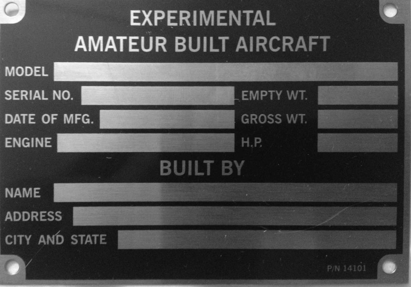 Experimental Name Plate Stainless Engraved Aircraft Spruce