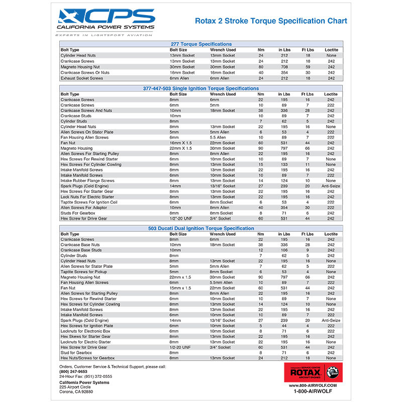 Rotax Torque Specification Chart for 2 Stroke Aircraft Spruce