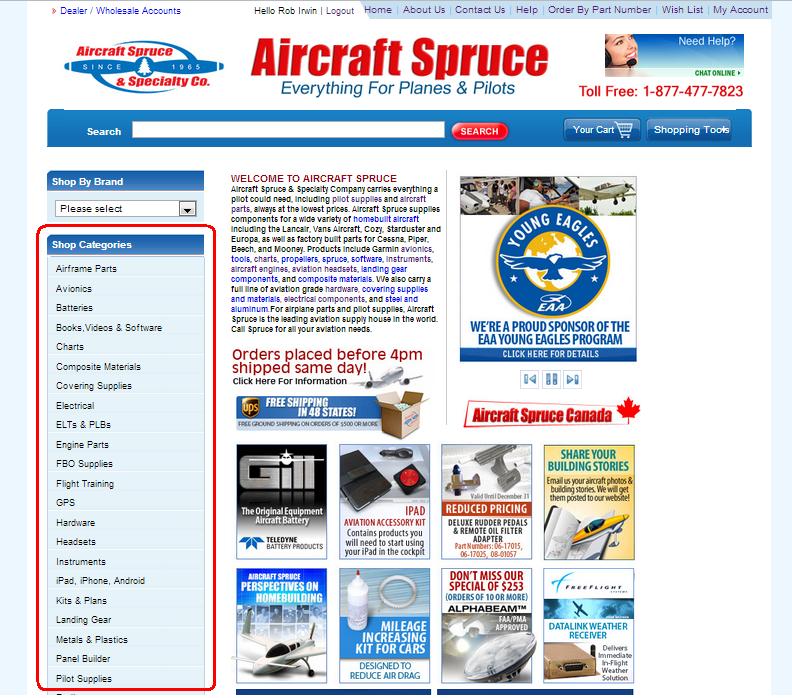 Image of Aircraft Spruce website